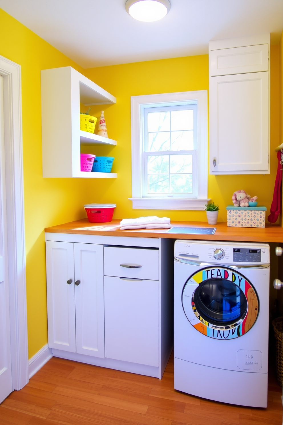 A bright and cheerful laundry room adorned with floral patterned wallpaper in vibrant colors. The space features a spacious countertop for folding clothes and a stylish washing machine nestled within custom cabinetry.