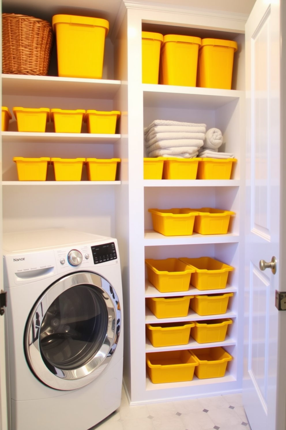 A bright and cheerful laundry room featuring yellow storage bins neatly arranged on open shelving. The walls are painted in a soft white hue, complementing the vibrant yellow accents throughout the space.