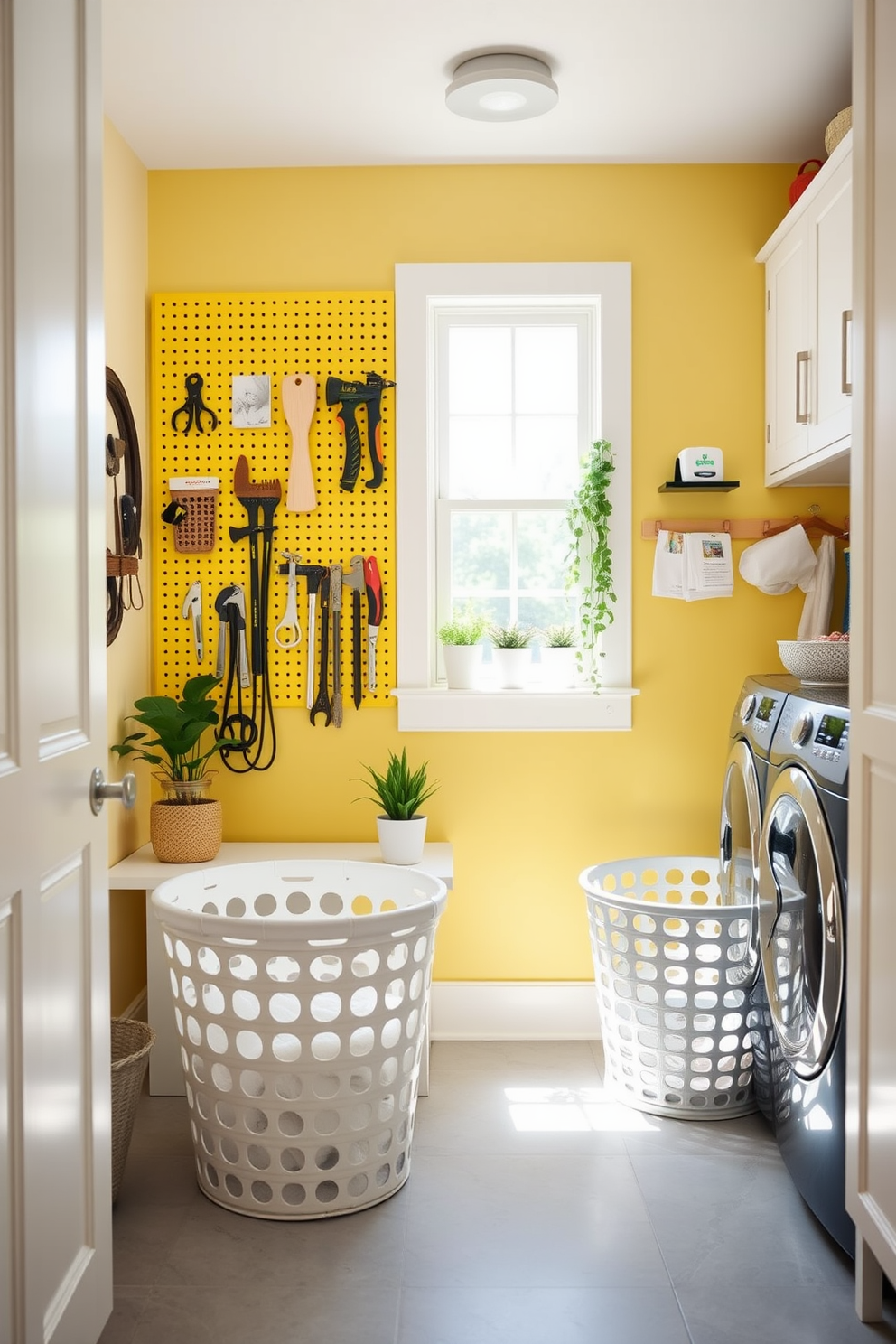 A bright and cheerful laundry room featuring yellow pegboards mounted on the wall for organized tools and accessories. The space is filled with natural light, and the cabinets are painted in a soft white to complement the vibrant yellow. The floor is covered in a durable, easy-to-clean tile in a light gray shade. A stylish laundry basket sits in the corner, and potted plants add a touch of greenery to the lively atmosphere.