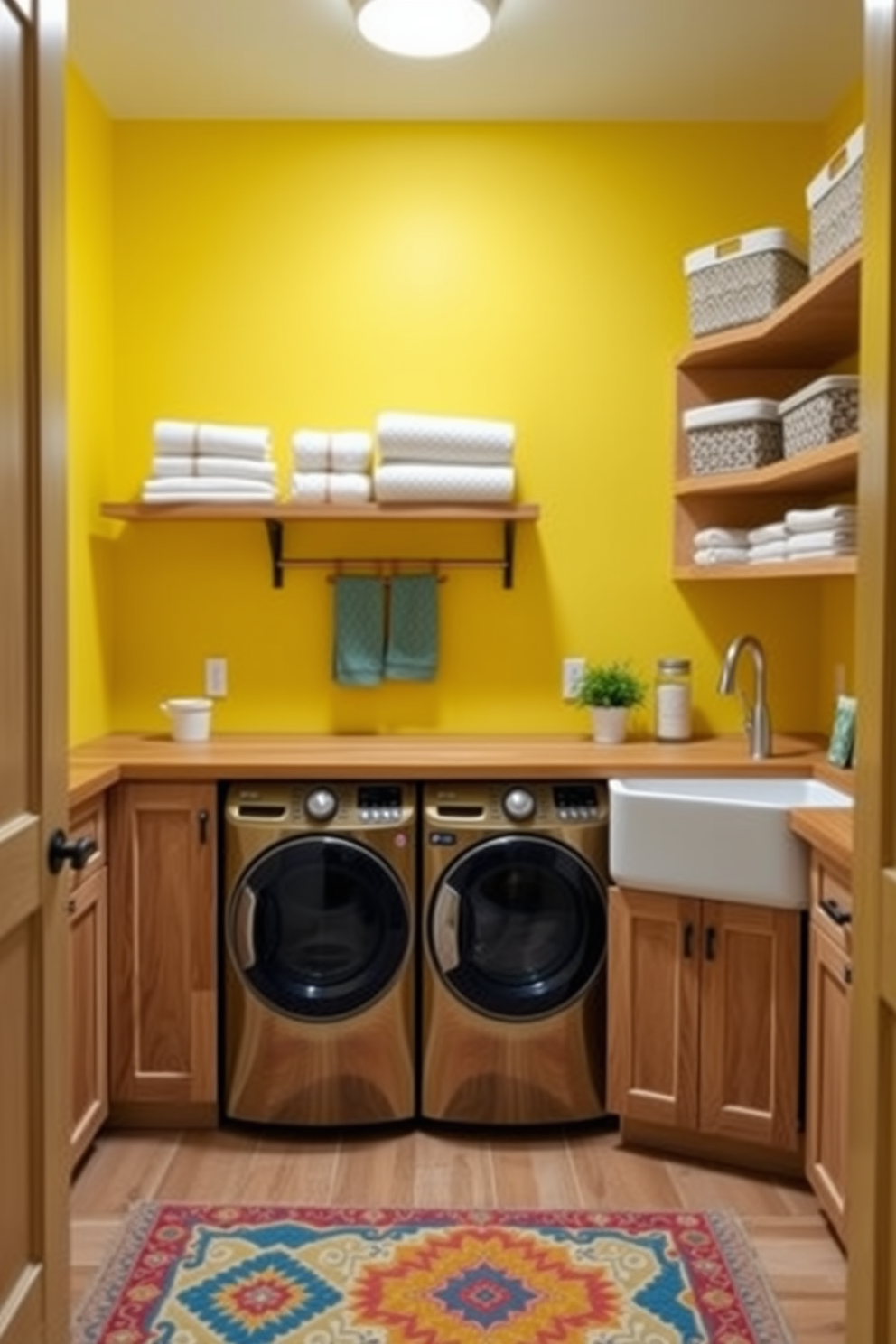 A bright and cheerful laundry room featuring a mix of sunny yellow walls and natural wood tones for cabinetry and shelving. The space includes a large farmhouse sink with a wooden countertop, complemented by open shelving displaying neatly folded towels and laundry essentials. A stylish washer and dryer set is seamlessly integrated into the cabinetry, surrounded by decorative baskets for organization. A small potted plant adds a touch of greenery, while a vibrant rug in complementary colors brings warmth to the floor.