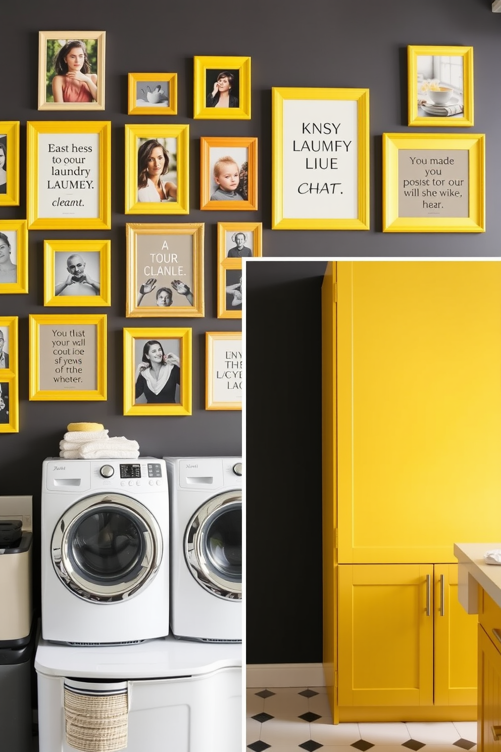 Create a gallery wall featuring vibrant yellow frames that showcase a mix of artwork, photographs, and inspirational quotes. The arrangement should be asymmetrical yet balanced, adding a pop of color and personality to the space. Design a cheerful laundry room with yellow cabinetry and matching accessories. Incorporate a spacious countertop for folding clothes and stylish storage solutions to keep the area organized and inviting.