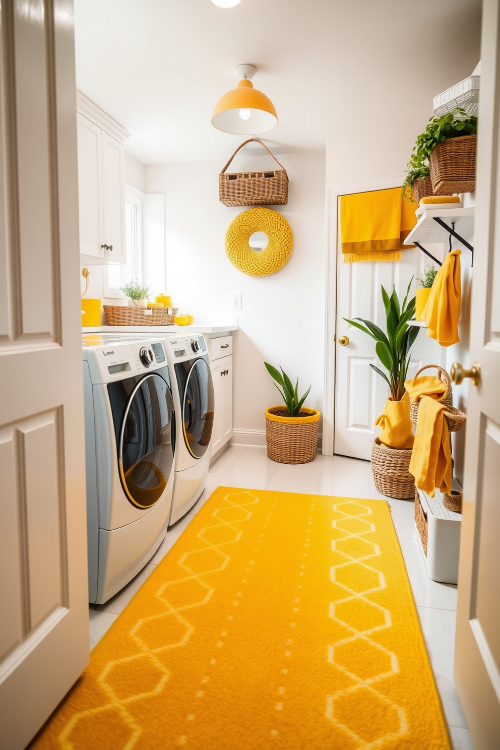 A bright and inviting laundry room features a cheerful yellow rug that adds warmth and coziness to the space. The room is equipped with modern appliances and ample storage, with yellow accents complementing the overall design. The walls are painted in a soft white to enhance the brightness of the yellow elements. Decorative baskets and plants are strategically placed to create an organized and welcoming environment.