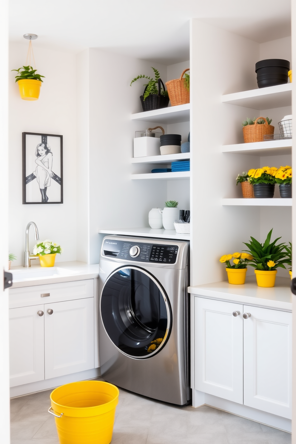 A bright and cheerful laundry room featuring yellow pots filled with vibrant greenery. The walls are painted in a soft white, and the floor is adorned with light gray tiles, creating a clean and inviting space. A spacious countertop provides ample workspace for sorting and folding laundry, while a stylish washer and dryer are seamlessly integrated into the cabinetry. Shelves above the machines display neatly organized laundry supplies and decorative items, enhancing the room's functionality and charm.