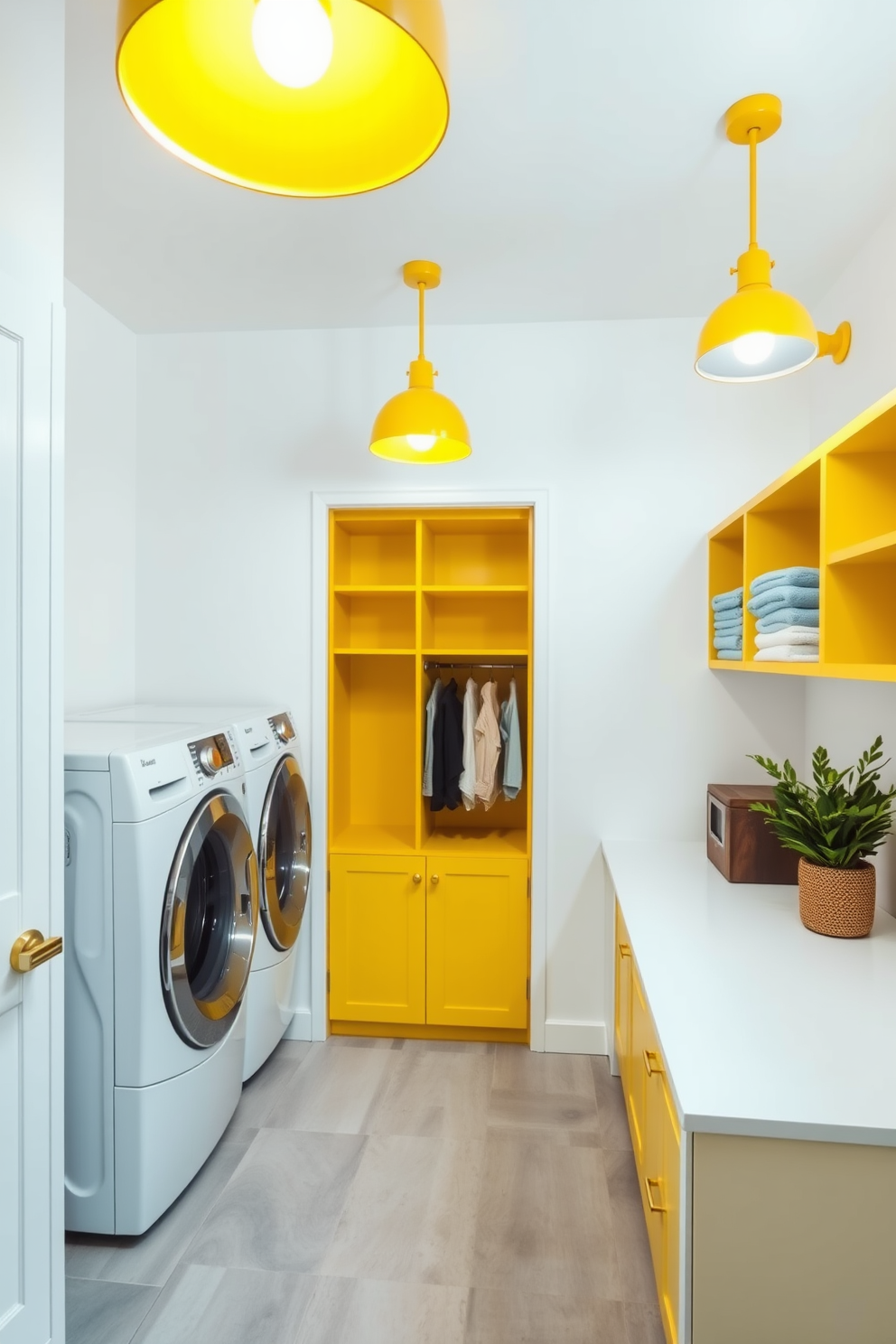 A bright and cheerful laundry room featuring yellow lighting fixtures that provide stylish illumination. The walls are painted a soft white, creating a fresh and airy atmosphere, while the yellow fixtures add a pop of color and warmth to the space. Incorporate a spacious countertop for folding clothes, complemented by open shelving painted in a matching yellow hue. The floor is adorned with durable tiles in a light gray tone, enhancing the overall brightness of the room.