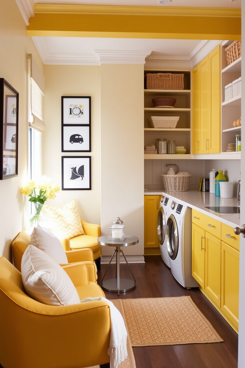 A bright and cheerful laundry room filled with vibrant yellow plants that add a lively touch to the space. The walls are painted in a soft white, creating a fresh backdrop for the yellow accents and greenery. The laundry area features a sleek washing machine and dryer with matching cabinetry in a sunny yellow hue. A spacious countertop for folding clothes is adorned with decorative baskets and potted yellow plants, enhancing the room's inviting atmosphere.