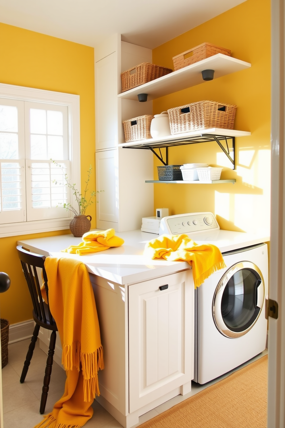 A bright and cheerful laundry room filled with natural light. The walls are painted in a soft yellow hue, creating a warm and inviting atmosphere. A spacious countertop made of white quartz provides ample space for folding clothes. Yellow throw blankets are draped over a nearby chair, adding a cozy touch to the room. Stylish open shelving displays neatly organized baskets for laundry essentials. A vintage-style washer and dryer set in a crisp white finish complement the overall design.