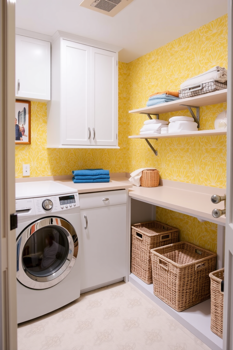 A bright and cheerful laundry room featuring patterned yellow wallpaper that adds a lively texture to the space. The room includes a spacious countertop for folding clothes, with stylish storage baskets neatly arranged underneath.