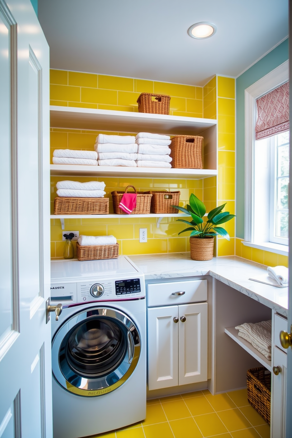 A bright and cheerful laundry room features vibrant yellow tiles that add a pop of color to the space. The room is equipped with a sleek white washer and dryer, complemented by open shelving displaying neatly folded towels and baskets. To the side, a stylish countertop provides ample space for folding clothes, adorned with a decorative plant for a touch of greenery. Soft lighting illuminates the room, creating an inviting atmosphere that makes laundry chores more enjoyable.