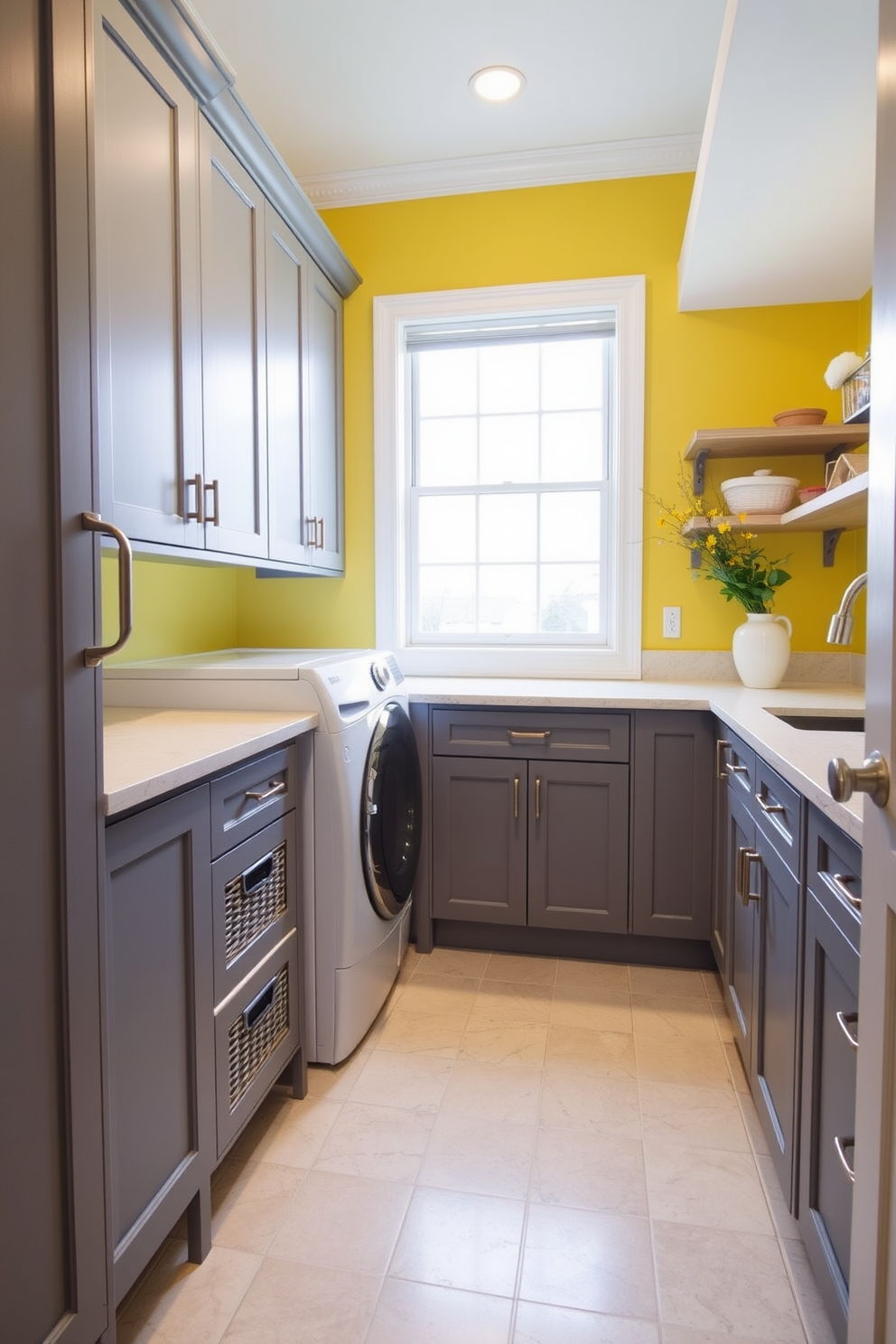 A bright and airy laundry room featuring a yellow and gray color scheme. The walls are painted a soft yellow, complemented by sleek gray cabinetry and a stylish countertop. A spacious washer and dryer are neatly integrated into the cabinetry, with decorative baskets for organization. A large window allows natural light to flood the room, enhancing the cheerful atmosphere.