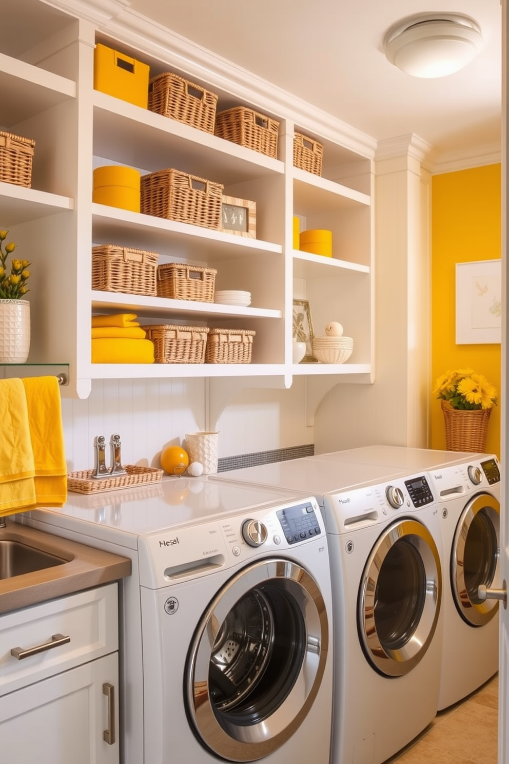 A bright and cheerful laundry room features open shelving adorned with vibrant yellow accents. The shelves are filled with neatly arranged baskets and decorative items, creating an inviting and organized atmosphere.