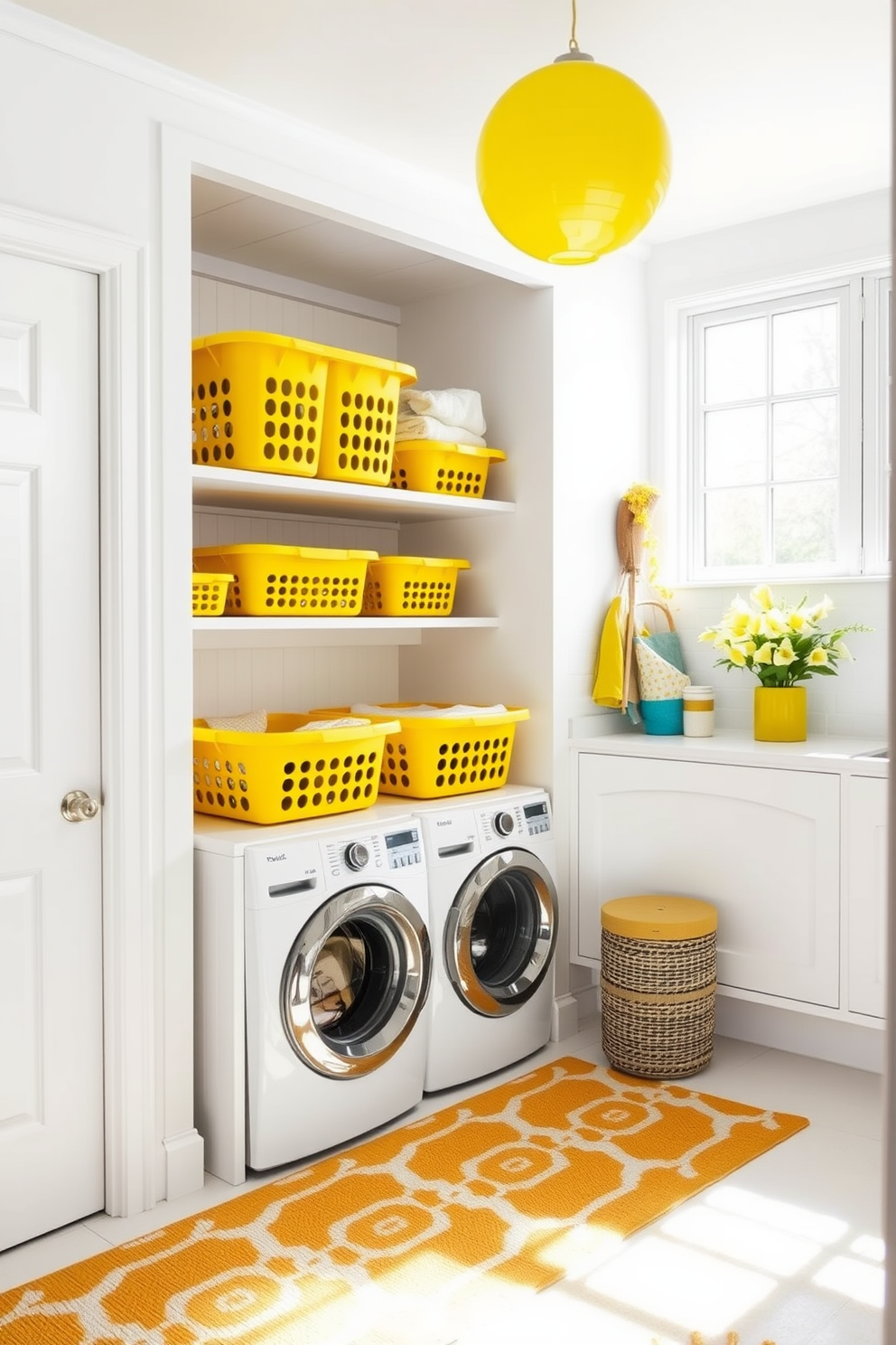 A cheerful laundry room filled with natural light. The space features yellow laundry baskets arranged neatly on open shelving, adding a playful touch to the organization. Walls painted in a soft white complement the bright yellow accents. A stylish countertop provides ample space for folding clothes, while a vibrant rug adds warmth to the room.