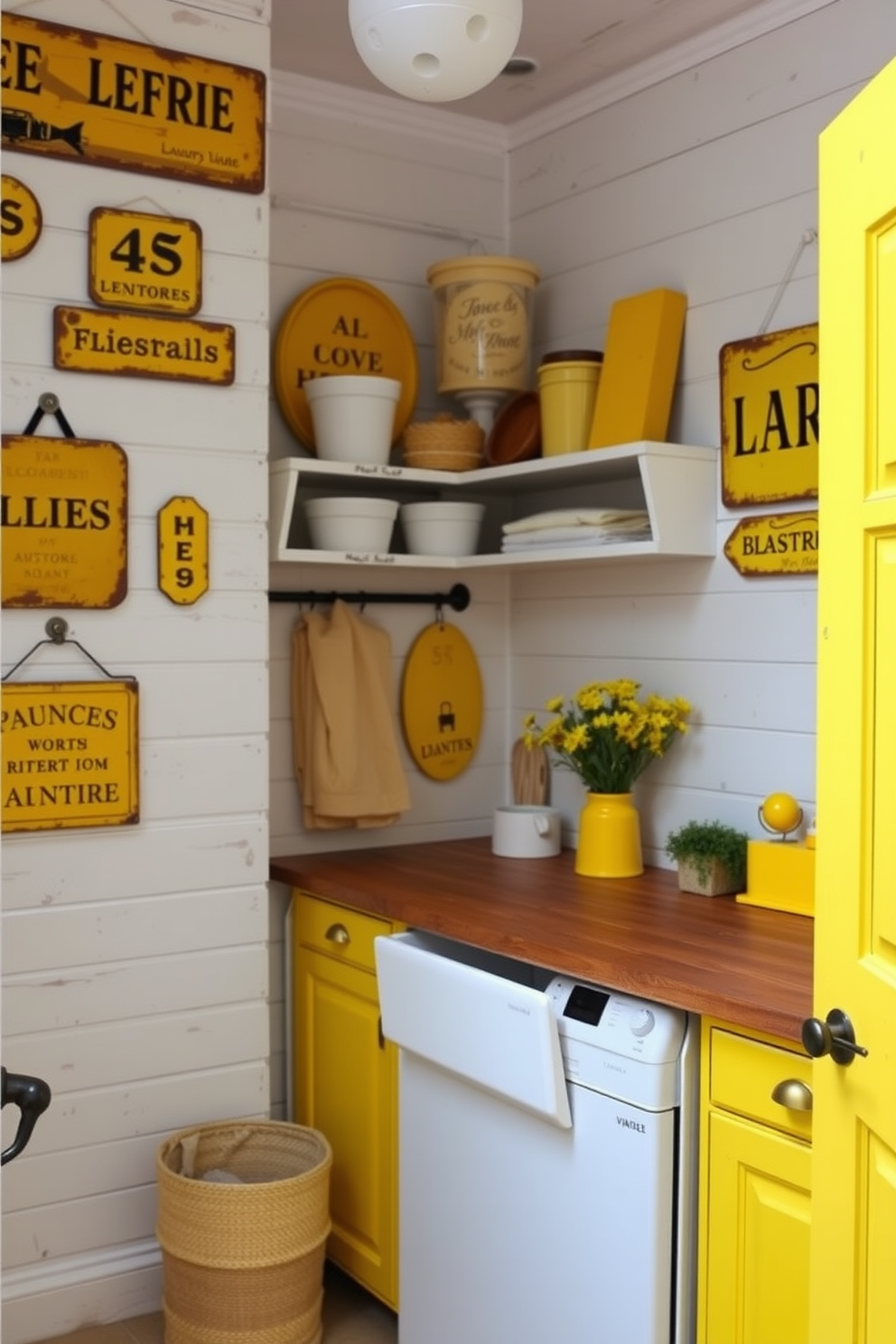 A cozy vintage laundry room filled with charming yellow decor. The walls are adorned with vintage yellow signs, adding a playful touch to the space. The room features a farmhouse-style sink with a wooden countertop and open shelving above. Bright yellow cabinets complement the whitewashed walls, creating a cheerful atmosphere.