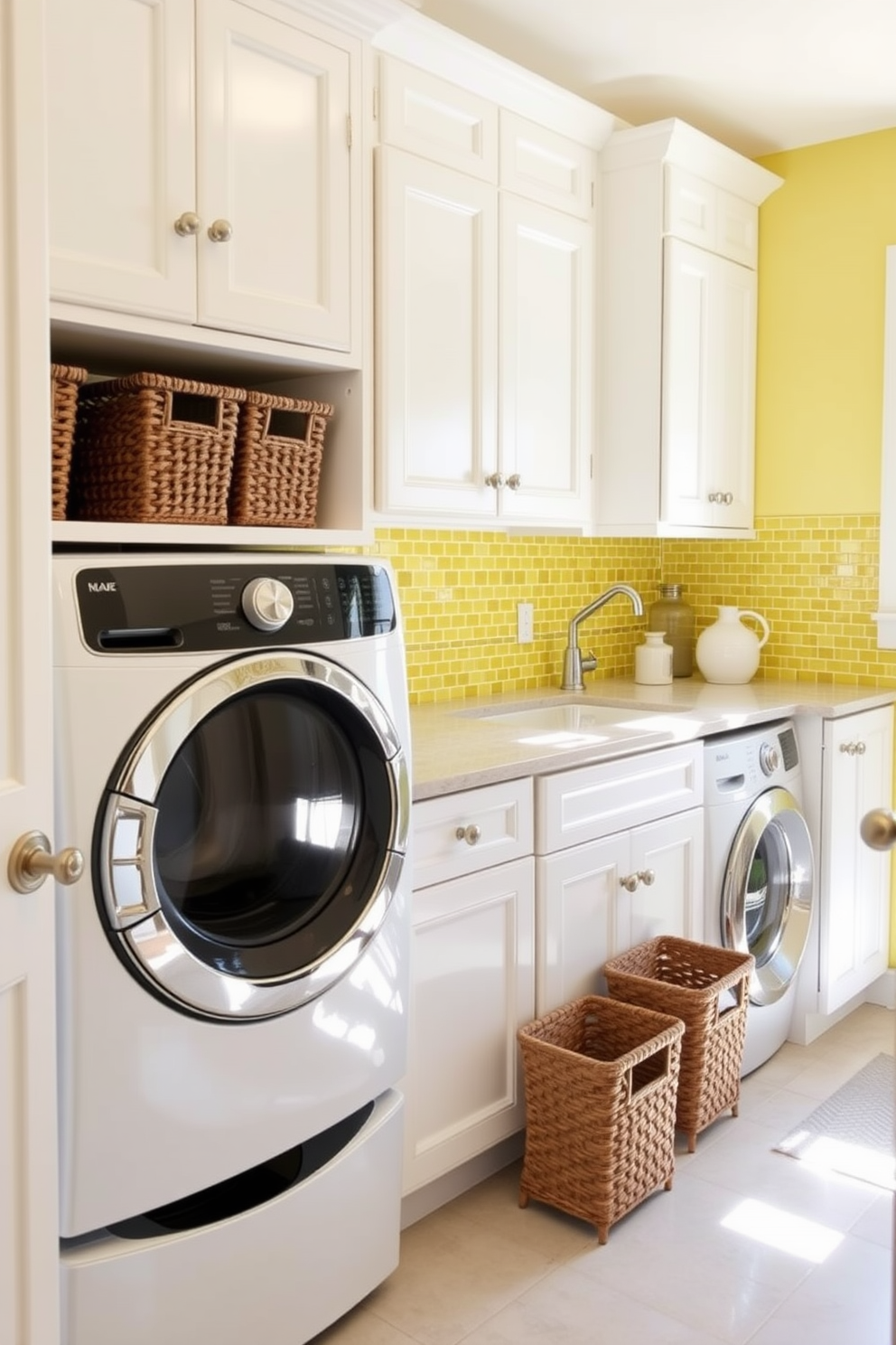 A bright and cheerful laundry room features yellow mosaic tiles as a fun backsplash. The space is filled with natural light, highlighting the vibrant color and creating an inviting atmosphere. The room includes a spacious countertop for folding clothes and ample storage cabinets in a crisp white finish. A stylish washer and dryer set sits side by side, complemented by decorative baskets for organization.