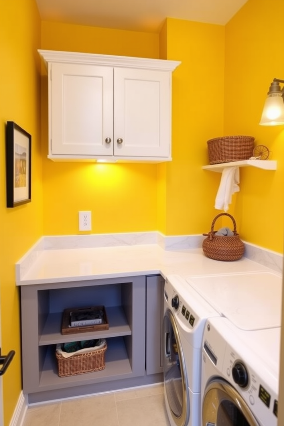 A cheerful laundry room featuring decorative baskets in sunny hues of yellow. The walls are painted a bright lemon color, and natural light floods the space through a large window, creating a warm and inviting atmosphere.