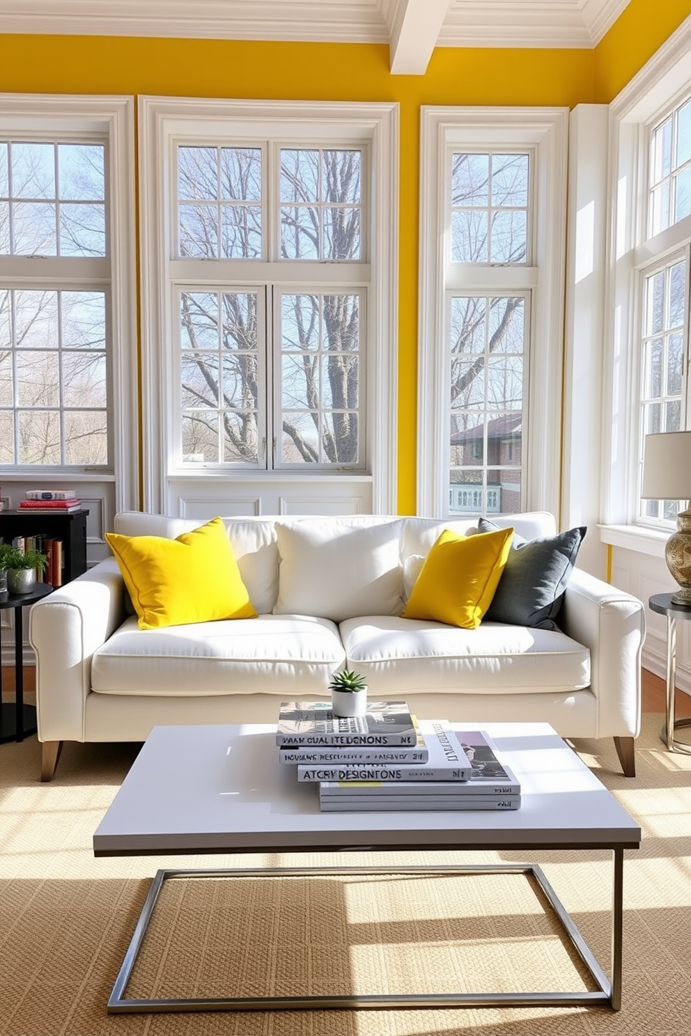 Bright yellow accent wall with white trim. The living room features a plush white sofa adorned with vibrant yellow and gray throw pillows. A sleek coffee table sits in front of the sofa, topped with a stack of design books and a small succulent. Large windows allow natural light to flood the space, enhancing the cheerful atmosphere.