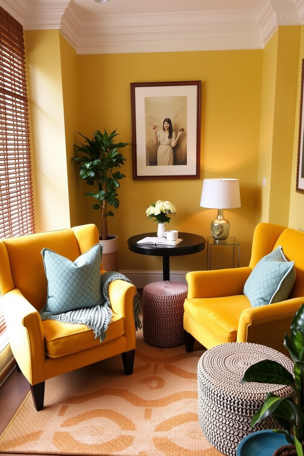 A bright and inviting living room featuring a yellow and gray color scheme. The walls are painted a soft yellow, while the furniture includes a plush gray sofa adorned with vibrant yellow throw pillows. A sleek coffee table in the center complements the color palette, surrounded by a cozy area rug that ties the room together. Large windows allow natural light to flood in, highlighting the cheerful decor and creating an airy atmosphere.