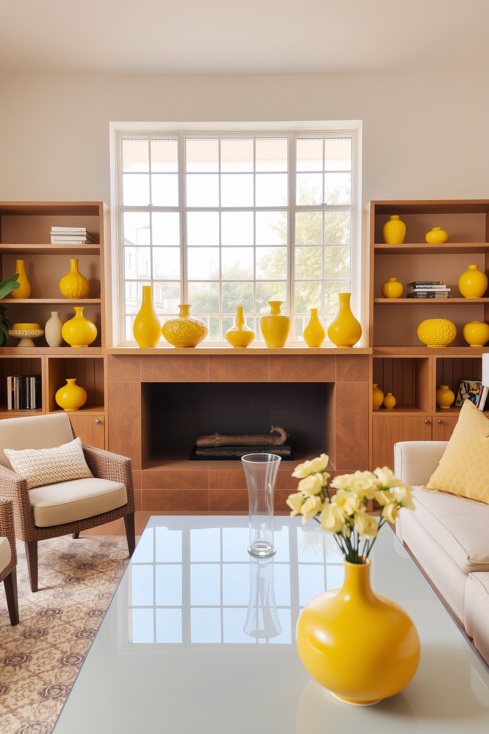 A bright and inviting living room featuring yellow decorative vases displayed on open shelves. The vases vary in shape and size, adding a playful touch to the overall decor while complementing the warm tones of the room.