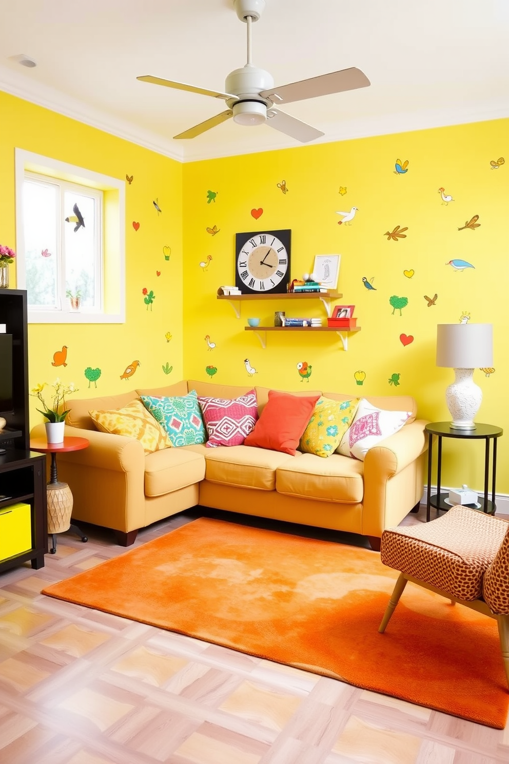 A vibrant living room featuring a striking yellow patterned wallpaper on the feature wall. The space is filled with plush seating in soft neutral tones and accented with bright yellow cushions for a cohesive look. The room includes a stylish coffee table made of glass and wood, surrounded by modern armchairs. A large area rug in complementary colors anchors the seating arrangement, creating a warm and inviting atmosphere.