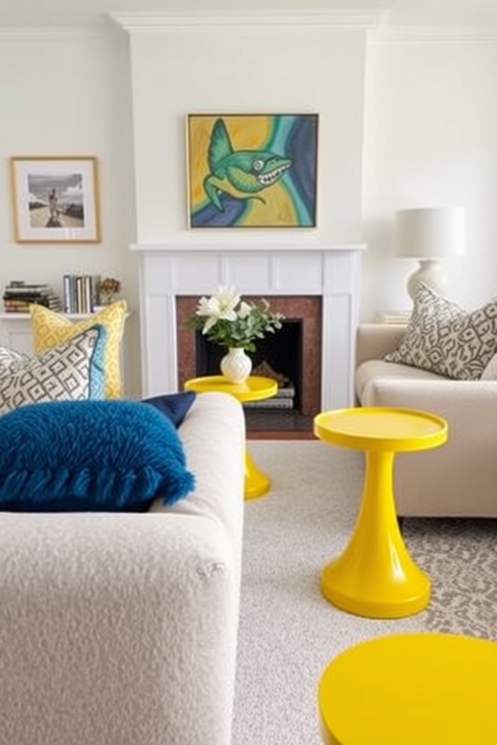 A bright and cheerful living room featuring lemon yellow side tables placed beside plush sofas. The walls are painted in a soft white, creating a fresh and inviting atmosphere that enhances the vibrant color scheme.