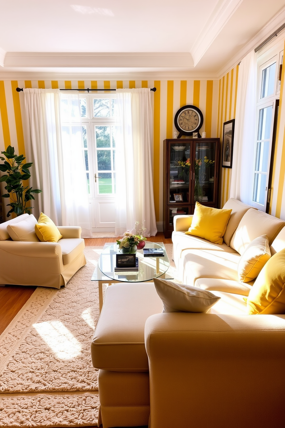 A bright and inviting living room featuring yellow and beige striped wallpaper that adds a cheerful touch to the space. The room is adorned with a plush beige sofa, complemented by vibrant yellow cushions and a stylish coffee table in the center. Natural light floods the area through large windows draped with sheer white curtains. A cozy area rug in soft beige anchors the seating arrangement, creating a warm and welcoming atmosphere.