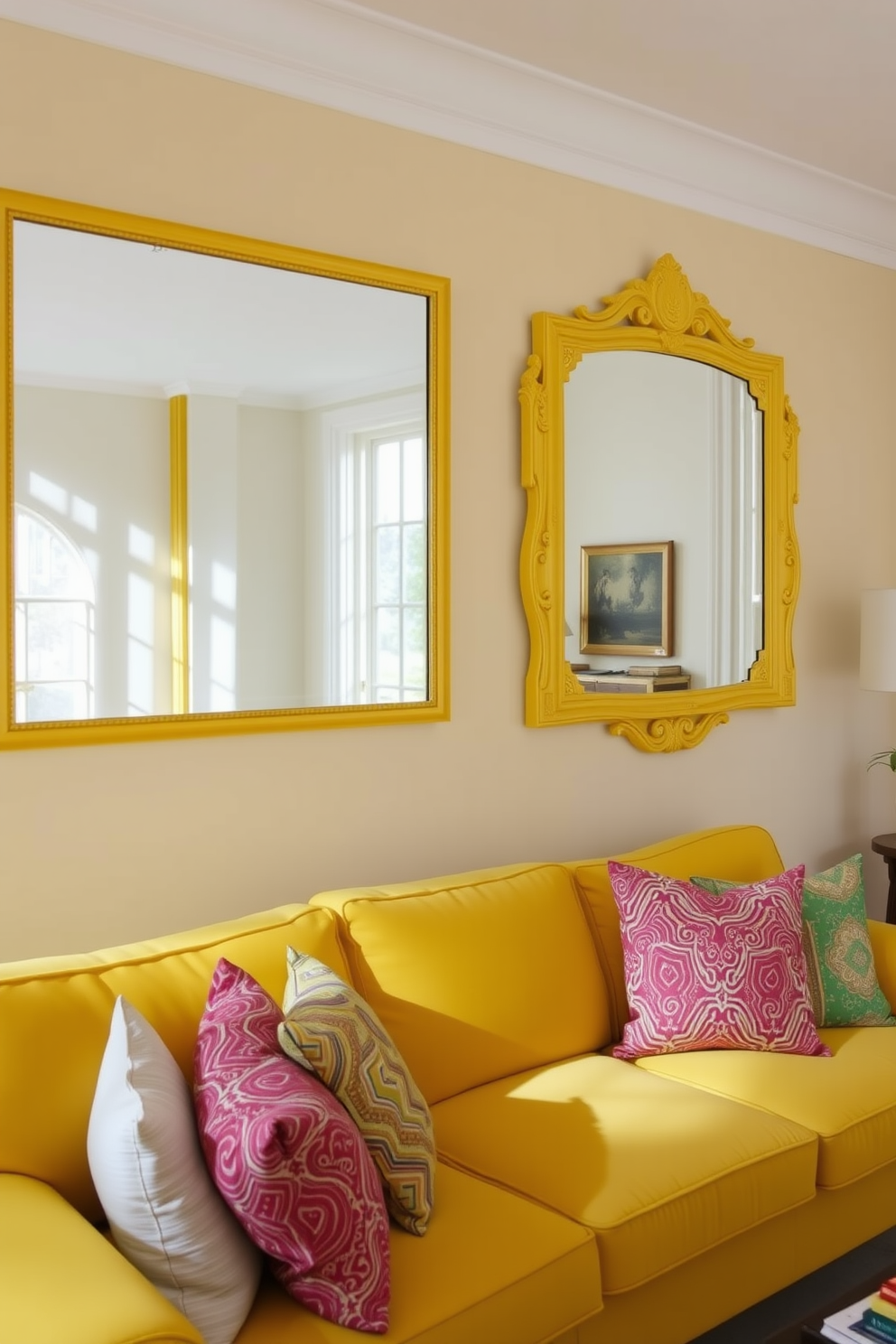 A vibrant living room featuring a striking contrast of yellow and navy blue. The walls are painted a warm yellow, while the furniture includes a deep navy blue sofa adorned with bright yellow throw pillows. A stylish coffee table sits in the center, complemented by a navy blue area rug that anchors the space. Large windows allow natural light to flood in, highlighting the cheerful yellow curtains that frame the view.