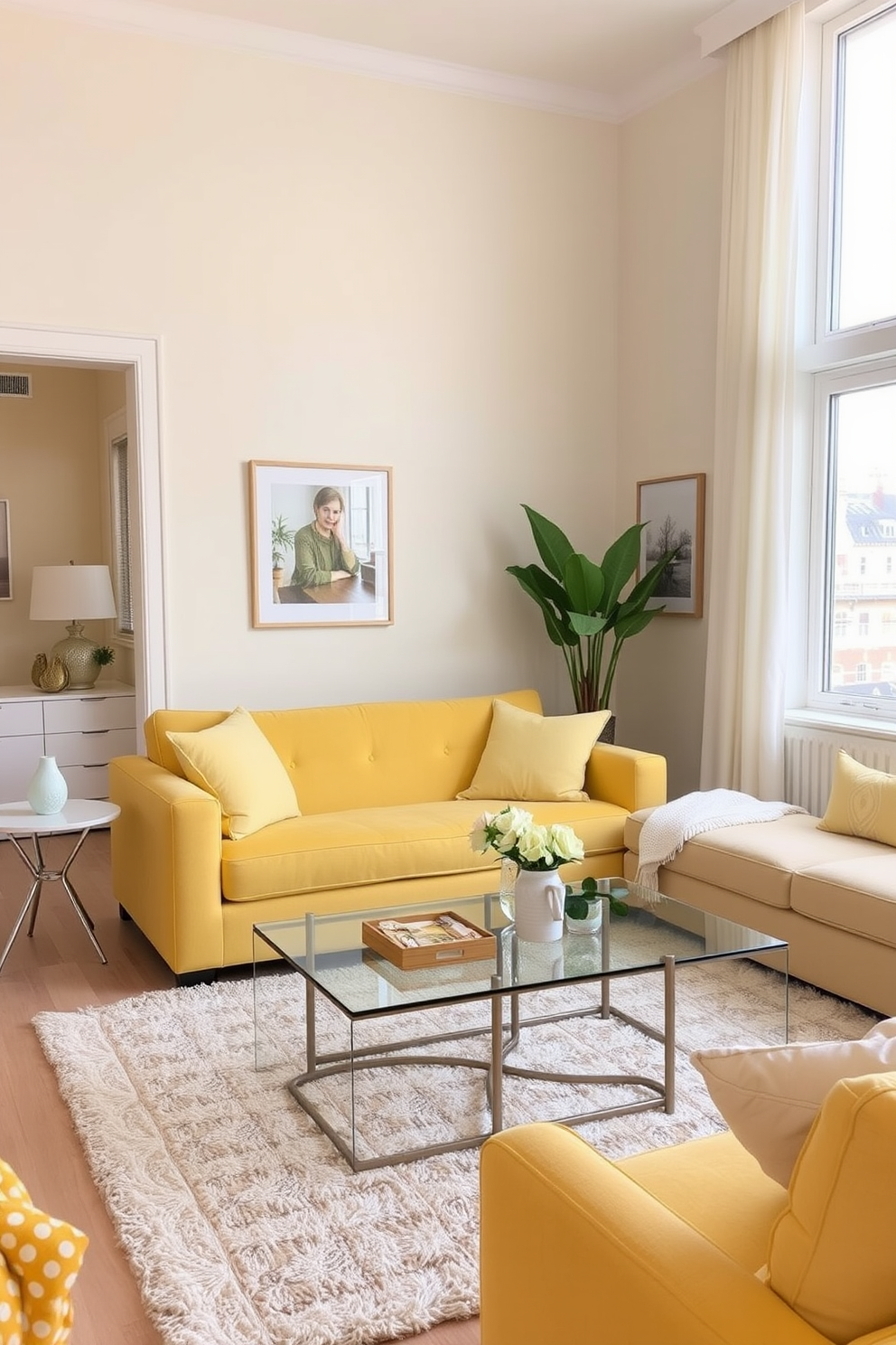 A cozy yellow living room filled with vintage furniture that exudes a retro charm. The space features a plush yellow sofa paired with a round coffee table and accent chairs in complementary pastel colors. The walls are adorned with eclectic artwork that enhances the nostalgic vibe. A patterned area rug anchors the space, while decorative pillows add a playful touch to the overall design.