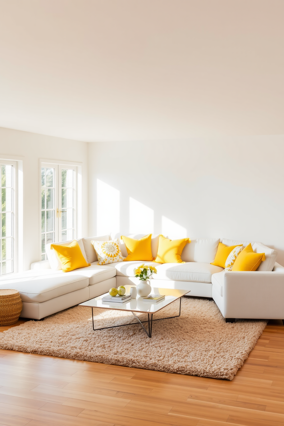 A bright and inviting living room filled with natural light. A sectional sofa adorned with vibrant yellow cushions creates a cheerful focal point in the space. The walls are painted in a soft white, enhancing the warmth of the yellow accents. A stylish coffee table sits in front of the sofa, complemented by a plush area rug that ties the room together.