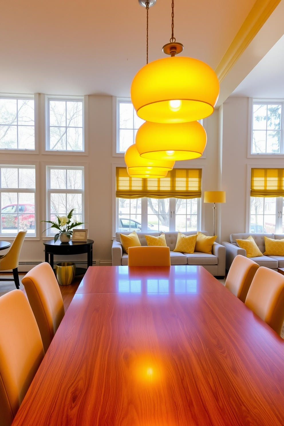 A bright dining space featuring yellow pendant lights hanging gracefully above a polished wooden table. The warm glow from the lights creates an inviting atmosphere, complemented by stylish chairs in soft upholstery. A cheerful living room adorned with yellow accents, including a plush sofa and vibrant throw pillows. Large windows allow natural light to flood the space, enhancing the lively color scheme and creating a cozy yet energetic environment.