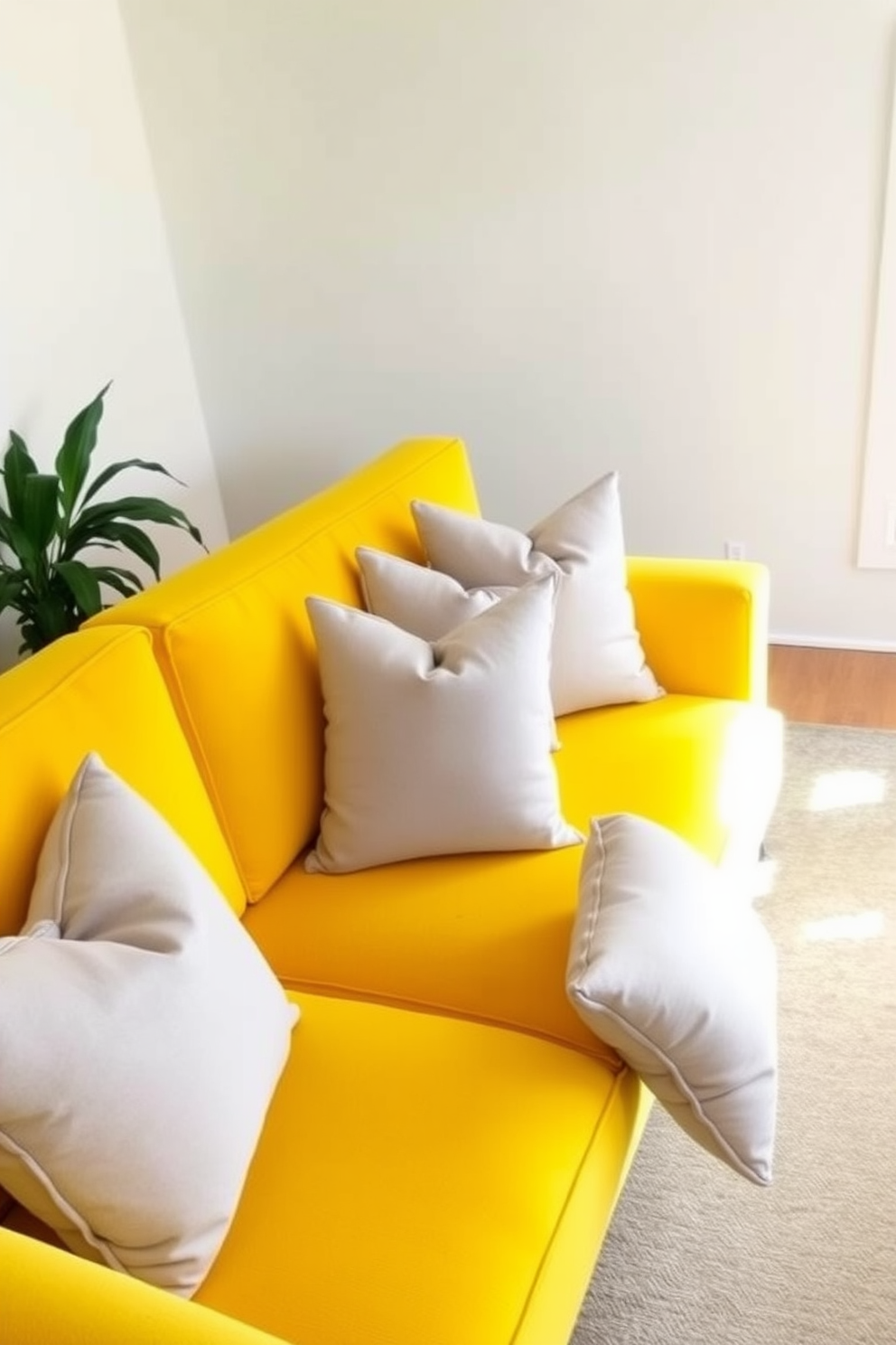 A bright and cheerful living room featuring sunny yellow curtains with crisp white trim framing large windows. The walls are painted in a soft cream color, and the furniture includes a plush white sofa adorned with vibrant throw pillows. A stylish coffee table sits in the center, surrounded by a cozy area rug that adds warmth to the space. Potted plants are placed strategically around the room, bringing a touch of nature indoors and enhancing the overall brightness.