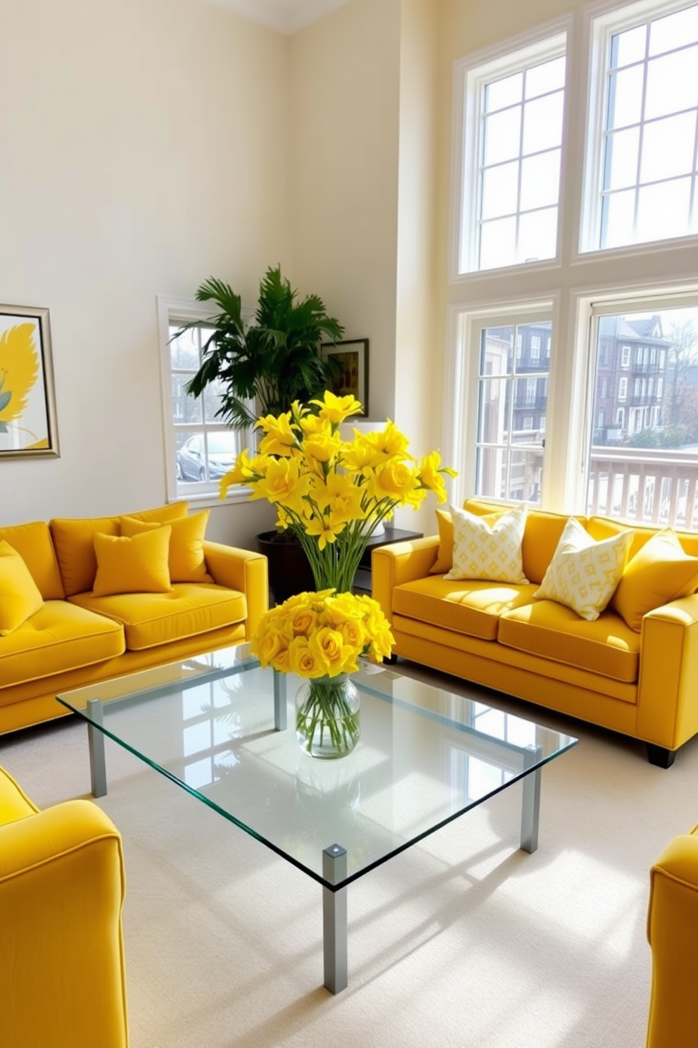 A bright and inviting living room features yellow floral arrangements as stunning centerpieces on a sleek glass coffee table. The walls are painted in a soft cream color, complementing the warm yellow tones of the furniture and decor. Plush yellow sofas are arranged around the table, accented by vibrant throw pillows in various shades of yellow and white. Natural light floods the space through large windows, creating a cheerful and uplifting atmosphere.