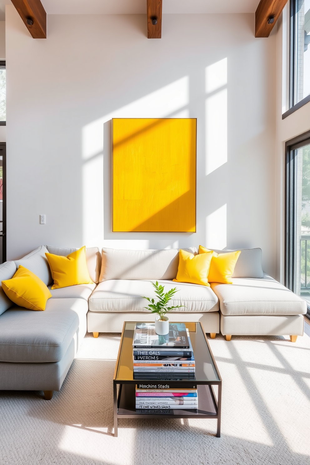 A vibrant yellow artwork hangs prominently on the wall, drawing immediate attention and energizing the space. The living room features a plush sectional sofa in soft gray, complemented by yellow accent pillows that echo the artwork's hues. The room is illuminated by natural light streaming through large windows, enhancing the cheerful ambiance. A stylish coffee table in the center holds a stack of design magazines and a small potted plant, adding a touch of greenery to the scene.