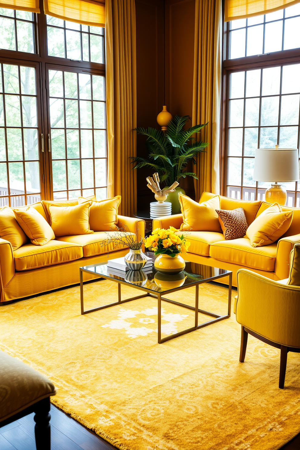 A vibrant living room filled with layered yellow textiles that create a warm and inviting atmosphere. Plush yellow cushions are scattered across a soft, textured yellow sofa, complemented by a patterned yellow area rug that adds visual interest to the space. Large windows allow natural light to flood in, highlighting the rich tones of the yellow decor. A stylish coffee table sits at the center, adorned with yellow accent pieces and fresh flowers that enhance the cheerful ambiance.