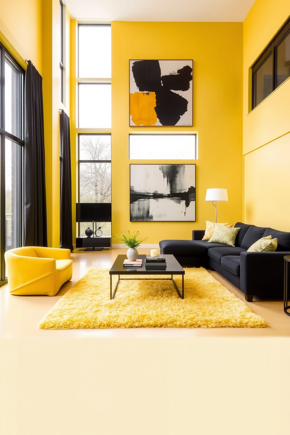 A vibrant yellow living room features a sleek black sectional sofa paired with a geometric yellow accent chair. The walls are painted in a soft yellow hue, and a large abstract black and yellow artwork hangs above a minimalist black coffee table. In the center of the room, a plush yellow area rug adds warmth to the space. Floor-to-ceiling windows allow natural light to flood in, complemented by elegant black curtains that frame the view.