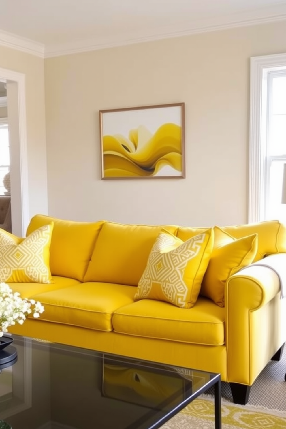 Bright yellow ceiling for unexpected charm. The walls are painted in a soft white, creating a bright and airy atmosphere. A plush yellow sofa is centered in the room, adorned with colorful patterned cushions. A stylish coffee table with a glass top sits in front, surrounded by modern accent chairs. Large windows allow natural light to flood in, enhancing the cheerful ambiance. Decorative plants in vibrant pots add a touch of greenery and life to the space.