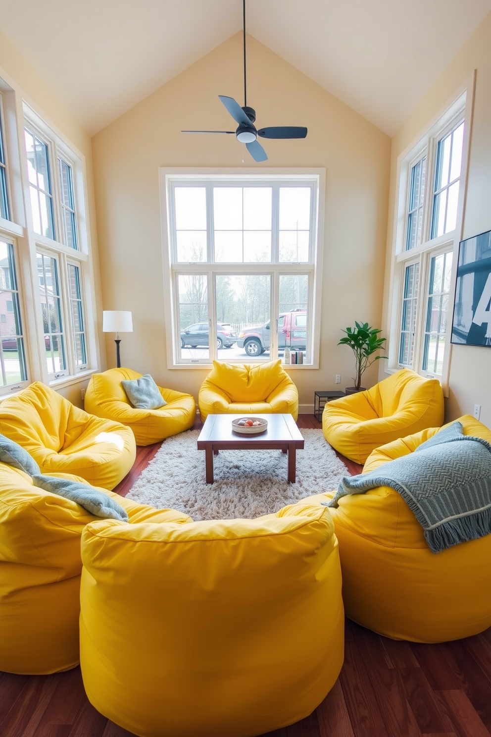 A bright and inviting living room features a warm yellow color palette complemented by natural wooden accents. The walls are painted in a soft yellow hue, while a wooden coffee table sits at the center, surrounded by plush seating in neutral tones. Large windows allow natural light to flood the space, enhancing the cheerful atmosphere. Decorative elements like yellow throw pillows and a wooden bookshelf add character and warmth to the room.