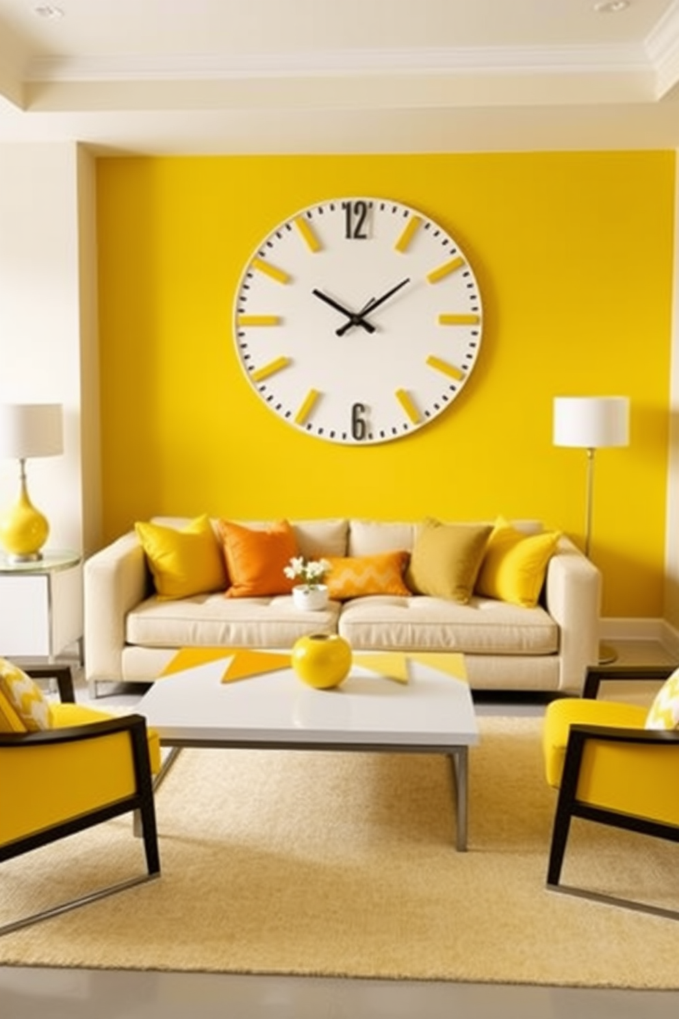 A bright and inviting living room filled with natural light. The walls are painted in a soft cream color, and the furniture features a mix of contemporary and vintage styles. Yellow decorative vases are elegantly arranged on open shelves, adding a pop of color to the space. Plush seating in neutral tones complements the vibrant vases, creating a warm and welcoming atmosphere.