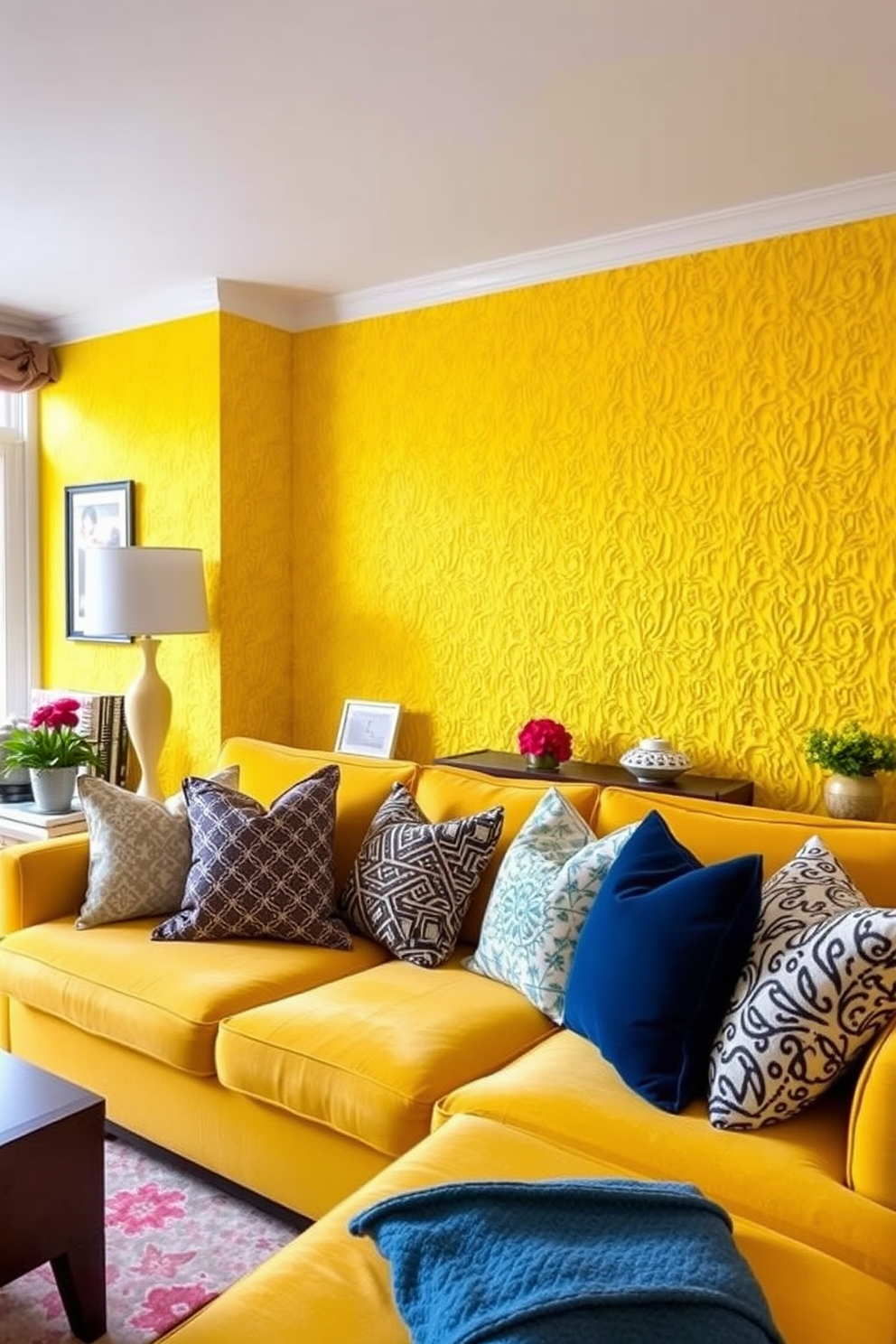 A bright and inviting living room adorned with textured yellow wallpaper that adds visual interest to the space. The room features a plush yellow sofa complemented by a mix of patterned throw pillows, creating a cozy and vibrant atmosphere.