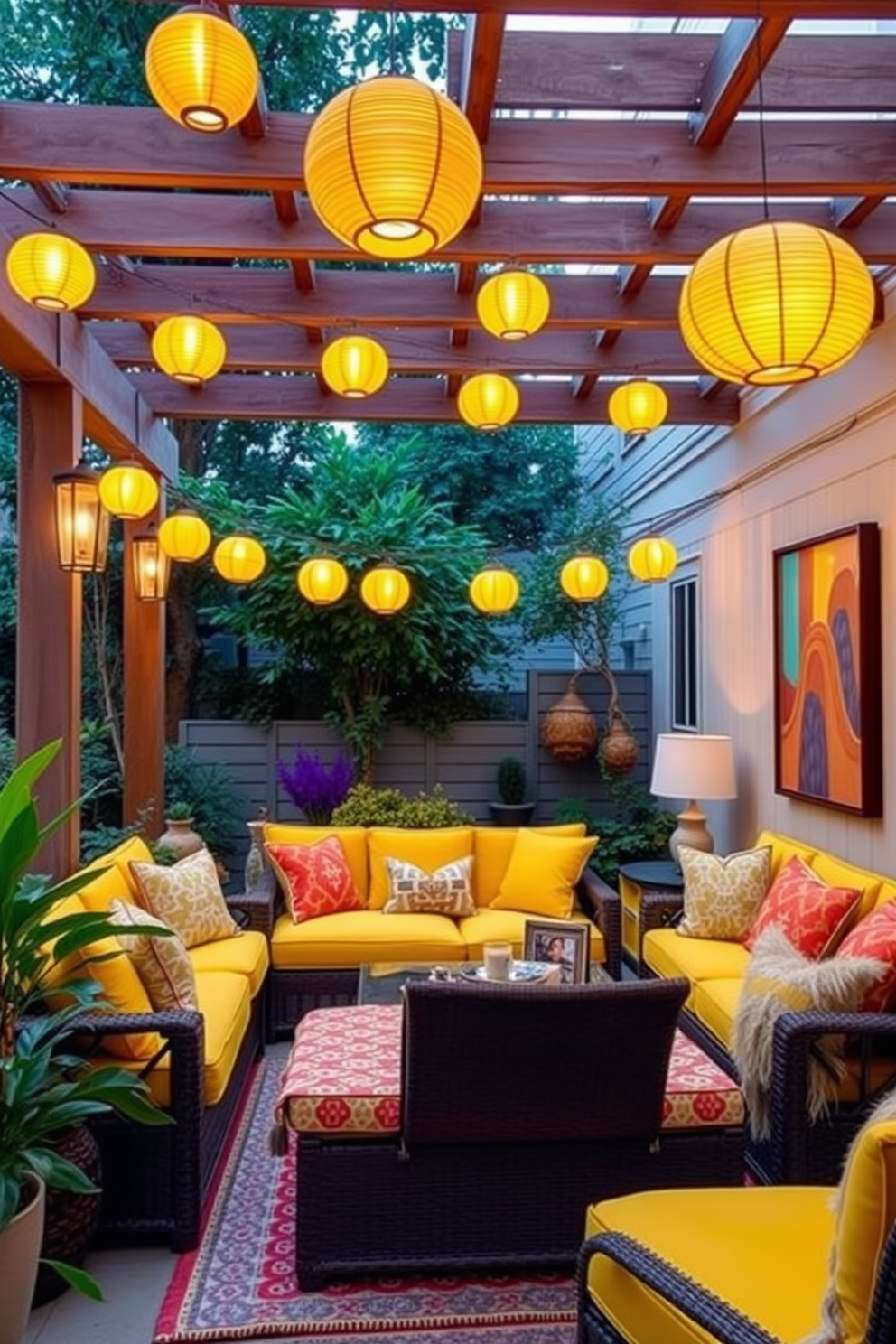 A cozy outdoor living area adorned with yellow lanterns hanging from a wooden pergola. The space features comfortable seating with vibrant cushions, surrounded by lush greenery and soft ambient lighting. A bright and cheerful living room designed with yellow accents throughout. The room includes a plush yellow sofa, artwork with bold patterns, and decorative pillows that add a playful touch to the space.