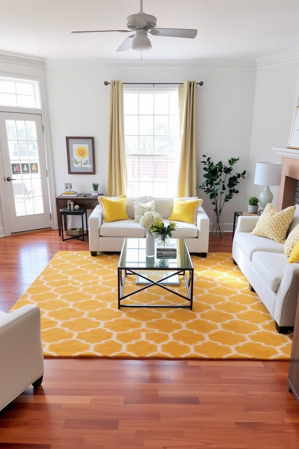 A bright and inviting living room features a yellow patterned area rug that adds warmth to the hardwood floor. The space is adorned with comfortable seating in soft neutral tones, complemented by vibrant yellow throw pillows and a stylish coffee table at the center.