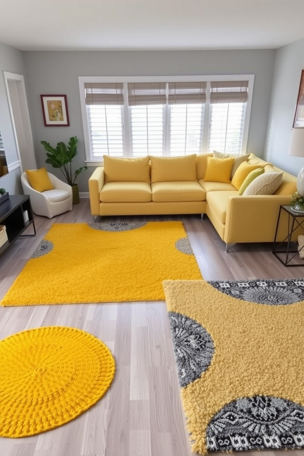 A vibrant yellow living room adorned with yellow and white striped wallpaper that adds a playful touch to the space. The room features a plush white sectional sofa accented with colorful throw pillows and a stylish coffee table in the center.