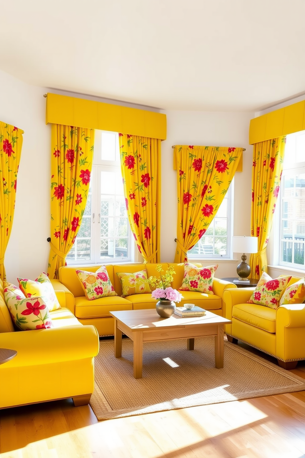 A bright and inviting living room features cheerful yellow curtains adorned with vibrant floral prints that frame large windows, allowing natural light to flood the space. The walls are painted in a soft white, complementing the yellow tones and creating a warm and welcoming atmosphere. The room is furnished with a plush yellow sofa, accented by colorful throw pillows that echo the floral patterns of the curtains. A light wooden coffee table sits in the center, surrounded by a cozy area rug that adds texture and warmth to the design.