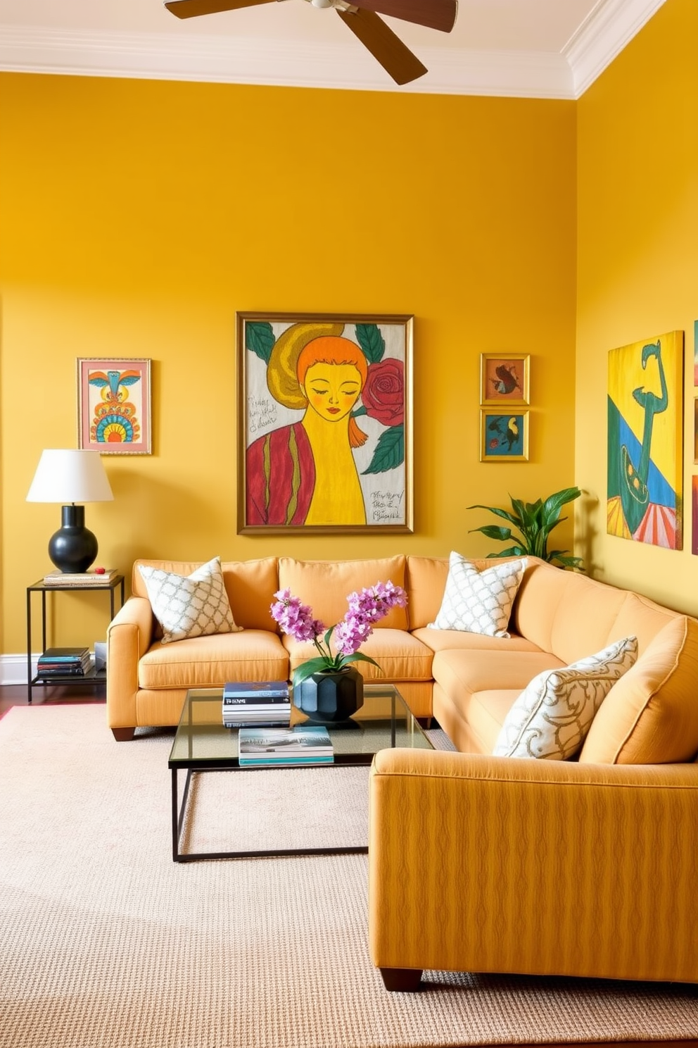 A bright yellow coffee table with a sleek glass top takes center stage in a modern living room. Surrounding the table are plush gray sofas adorned with vibrant throw pillows, creating a cozy yet stylish atmosphere. The walls are painted in a soft white to enhance the room's brightness, while a large abstract painting in complementary colors hangs above the sofa. A chic area rug with geometric patterns anchors the space, adding texture and warmth to the overall design.