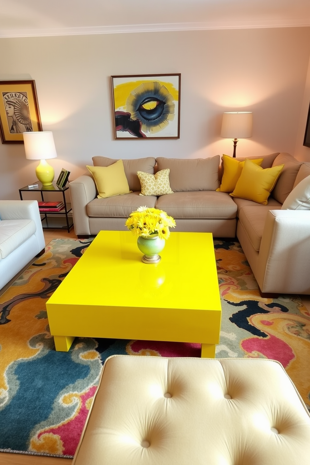 A vibrant yellow coffee table with a sleek glass top serves as the centerpiece of the living room. Surrounding the table, a plush sectional sofa in neutral tones complements the lively pop of yellow, creating a warm and inviting atmosphere. Incorporate decorative elements like a colorful area rug and bold artwork on the walls to enhance the yellow theme. Soft lighting from stylish floor lamps adds a cozy touch, making the space perfect for relaxation and entertainment.