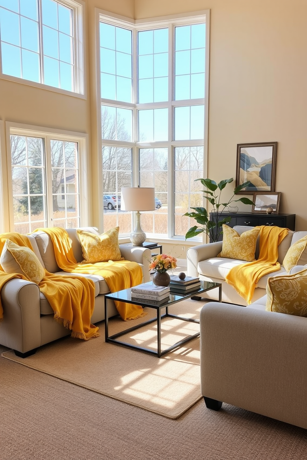 A cozy living room features neutral couches adorned with soft yellow throw blankets that add a pop of color. Large windows allow natural light to flood the space, highlighting the warm tones of the decor and inviting a cheerful atmosphere. The walls are painted in a soft beige, complementing the yellow accents throughout the room. A stylish coffee table sits in the center, adorned with a few decorative books and a small vase of fresh flowers, enhancing the inviting feel of the space.