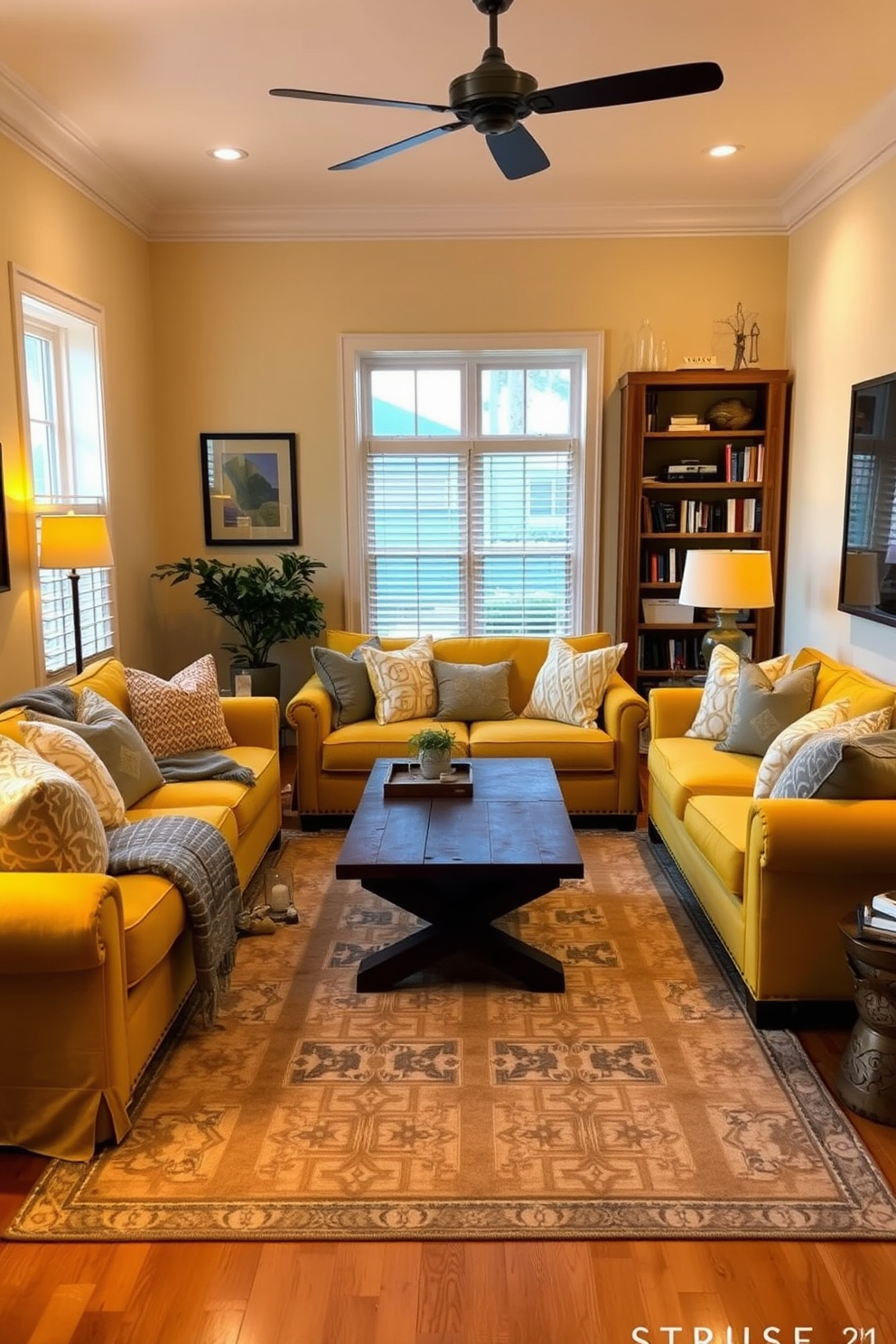 A cozy living room bathed in warm yellow lighting creates an inviting atmosphere. The walls are painted a soft cream, and plush yellow sofas are arranged around a rustic wooden coffee table. Decorative throw pillows in various shades of yellow and gray add texture and comfort. A large area rug with a subtle geometric pattern anchors the seating area, while a tall bookshelf filled with books and decorative items adds personality to the space.