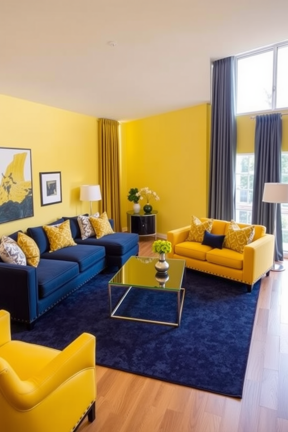 A vibrant yellow bookshelf stands against the wall, filled with an array of decorative items such as books, plants, and art pieces. The bookshelf adds a cheerful pop of color to the room and serves as a focal point. The living room features a cozy yellow sofa adorned with colorful throw pillows, complemented by a stylish coffee table in front. Large windows allow natural light to flood the space, enhancing the warm and inviting atmosphere.