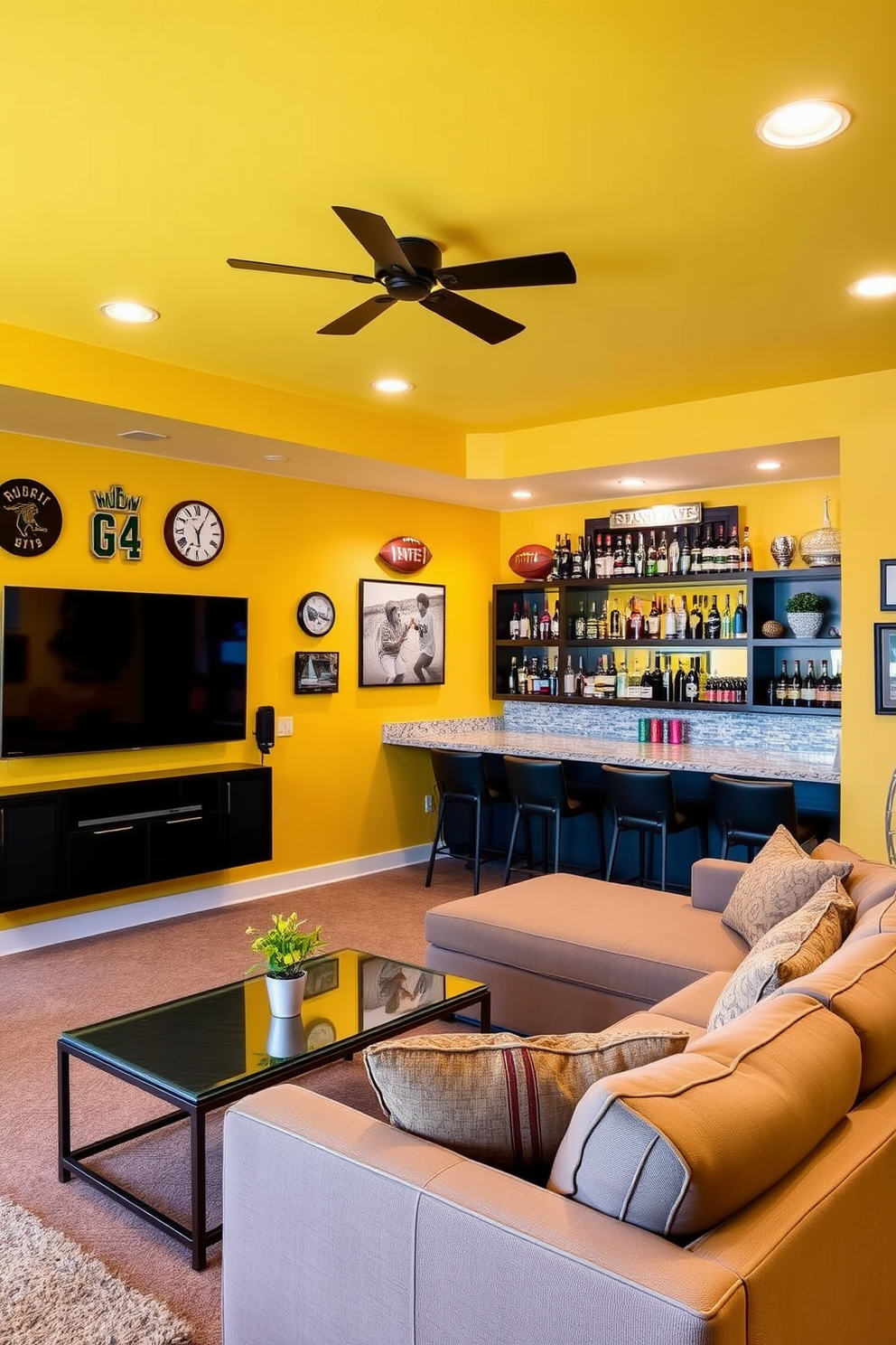 A cozy man cave featuring yellow accent walls that radiate vibrant energy. The space includes a plush sectional sofa in a neutral tone, paired with a sleek coffee table and a large flat-screen TV mounted on the wall. In one corner, a stylish bar area showcases high stools and shelves filled with an array of drinks. Soft lighting fixtures create an inviting atmosphere, while sports memorabilia adorns the walls, enhancing the overall theme.