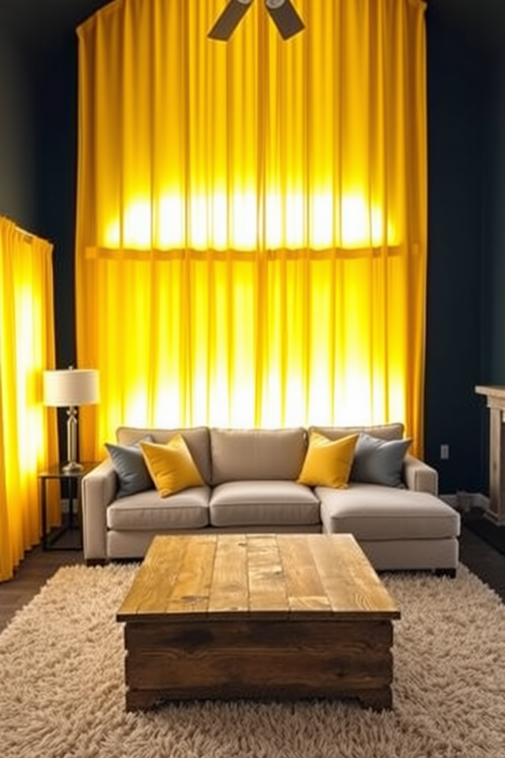 A cozy man cave featuring yellow curtains that gently soften the light entering the space. The walls are painted in a deep navy blue, creating a striking contrast with the bright yellow fabric. A large sectional sofa in a neutral tone is positioned in the center, adorned with yellow and gray throw pillows. A rustic coffee table made of reclaimed wood sits in front, surrounded by a plush area rug that adds warmth to the room.