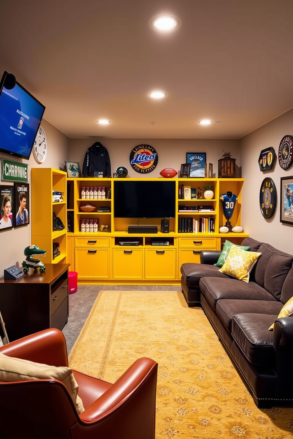 A vibrant man cave featuring yellow shelving that adds a bold pop of color to the space. The walls are adorned with sports memorabilia, and a cozy sectional couch invites relaxation in this stylish retreat.