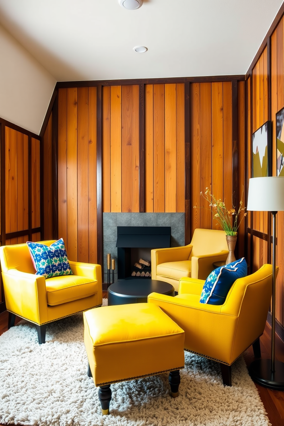 A cozy man cave featuring accent chairs in sunny yellow tones creates a vibrant focal point. The walls are adorned with rustic wooden panels, and a plush area rug adds warmth to the space.